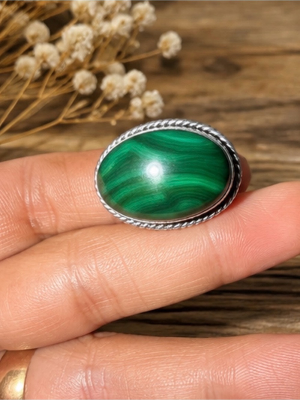 Handmade Green Malachite Oval Sterling Ring